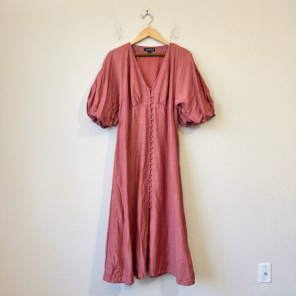 COUNTRY ROAD Midi Dress Rosewood Balloon Sleeve Linen Button Front